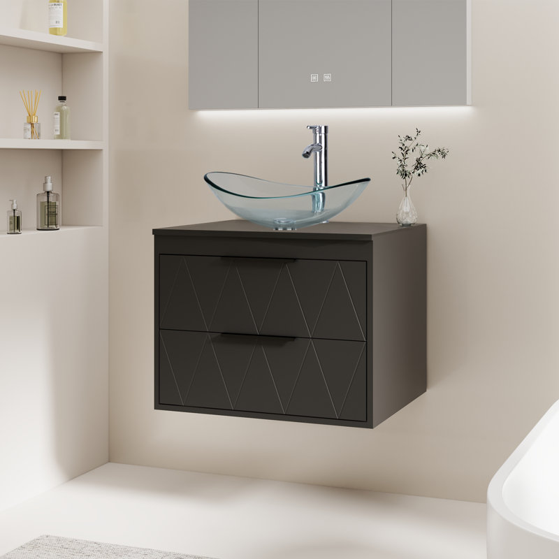 Sharee 24" Wall Mount Single Bathroom Vanity With Vessel Sink, Floating Cabinet Manufactured Wood Top, Faucet, Drain, Black