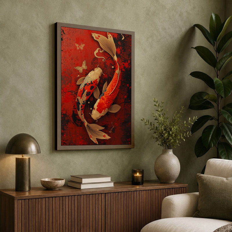 Dance of Golden Koi Japandi - Wrapped Canvas, 36x24 - 91.4 x 61.0 cm, White Border