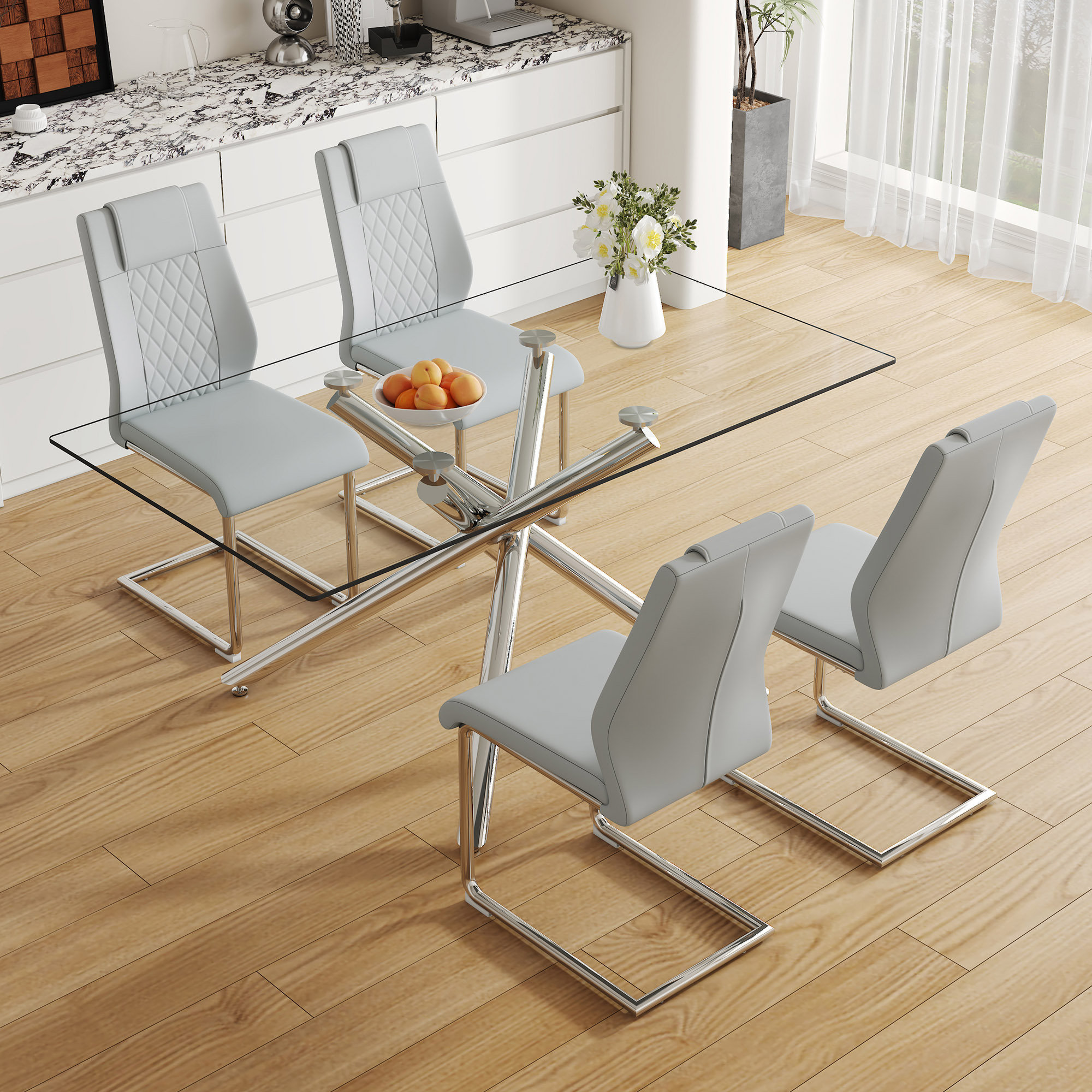 Ivy Bronx Table And Chair Set.Modern Luxurious Transparent Tempered ...