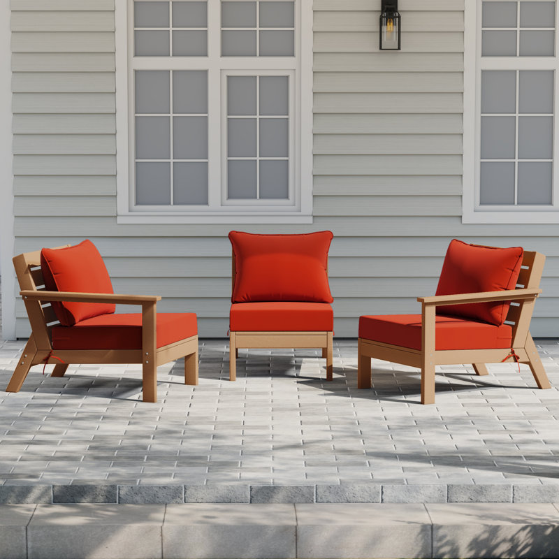 3-Piece Deep Seating Set With Cushions, Teak, Orange