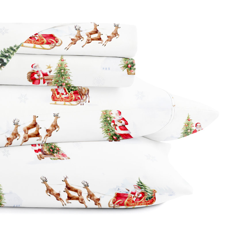 Ensemble de draps des Fêtes, motif de père Noël rétro, literie pour très grand lit, King Sheet Set with 2 Pillowcases