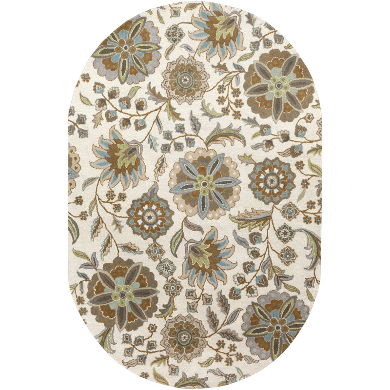 Elsberry Floral Hand-Tufted Wool Demin/Light Gray/Tan Area Rug, Oval 6' x 9'