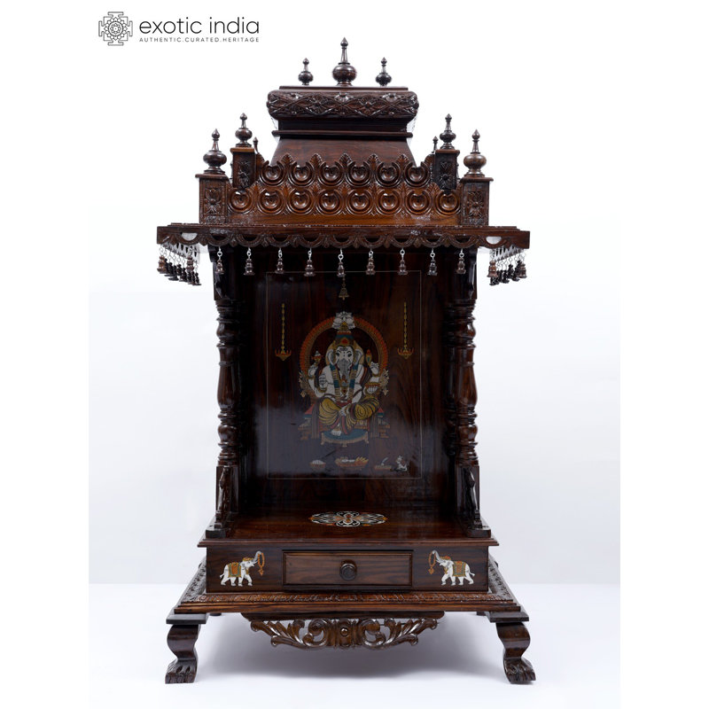 53" Large Designer Wooden Temple with Lord Ganesha Inlay