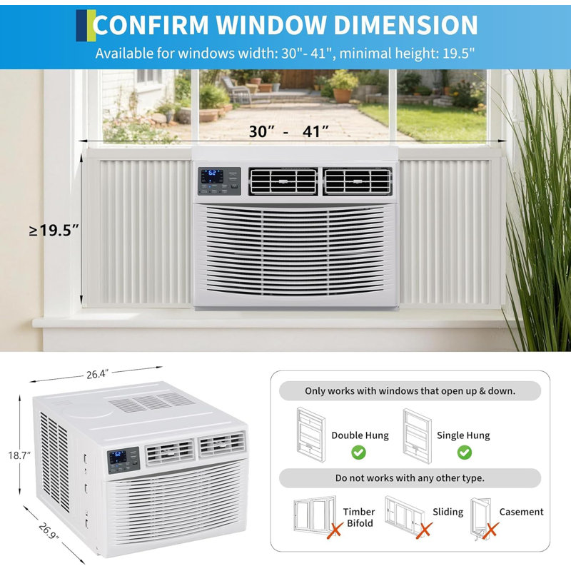 Climatiseur de fenêtre 4 en 1 23200 BTU avec chauffage - Contrôle WiFi intelligent - 208 / 230V - Refroidit et chauffe jusqu'à 1500 pieds carrés - Télécommande, application, Alexa, assistant de moteur de recherche - US Standard - Avec WiFi