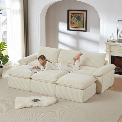 Canapé modulaire 111 po Cloud, canapé modulaire en velours côtelé avec repose-pieds, canapé désossé avec assise profonde dans une boîte pour le salon, aucun assemblage requis (blanc)