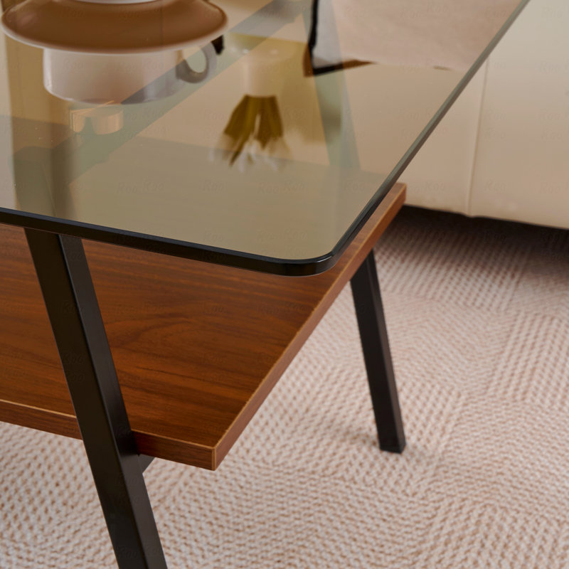 Table basse rectangulaire avec plateau en verre trempé et pieds en métal noir moderne, Brun, Noir