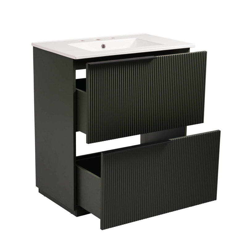 Meuble-lavabo de 30 po avec lavabo en céramique et tiroirs pleine extension, glissières de tiroir à fermeture en douceur, conception cannelée