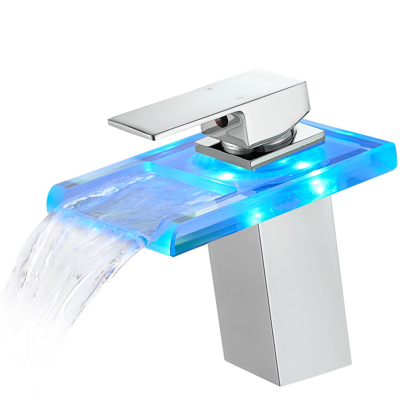 Bathroom Sink Faucet LED Light 3 Colors Changing Waterfall Spout Hot Cold Water Mixer Single Handle One Hole Deck Mounted Bathroom Faucet Lavatory Vanity Basin Bath Plumbing Fixtures
