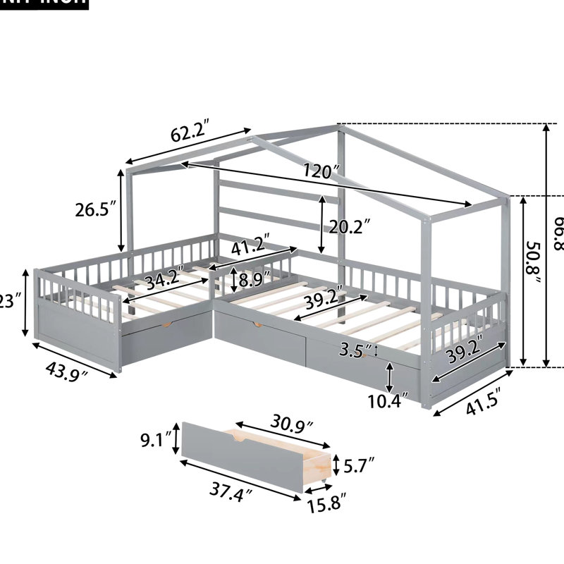 Lit plateforme gris avec 3 compartiments de rangement - chambre à coucher essentielle, très fonctionnelle et élégante, Gris