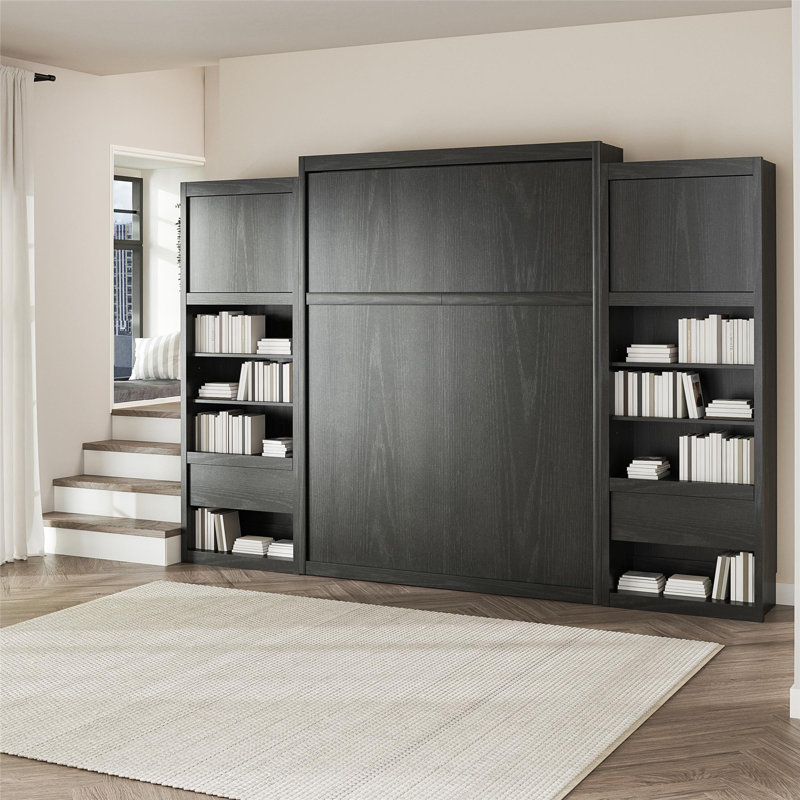 Wexford Murphy Bed with Side Cabinet Storage, Queen, Black Oak