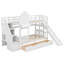 Lit superposé simple au-dessus d'un lit simple de style château avec 2 tiroirs et 3 tablettes, structure de lit superposé en bois avec glissière et escalier de rangement-250153709