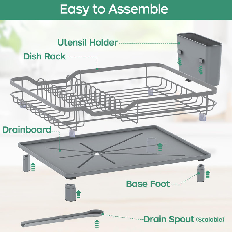 Dark Gray Stainless Steel Dish Drying Rack with Utensil Holder