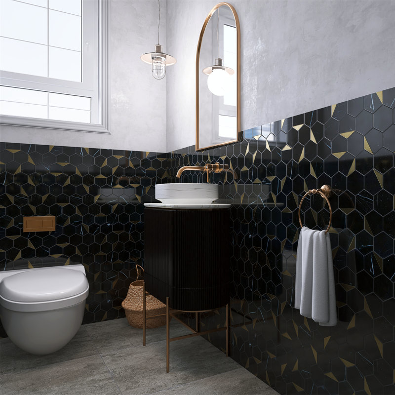 Natural 10.2 in. x 11.78 in. Hexagon Polished Marble Mosaic Tile, Black/Gold