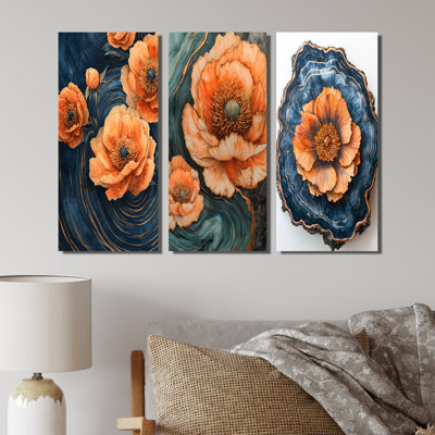 Orange Peonies On Geode Stone Wilde I - Traditional Large Wall Decor Collection