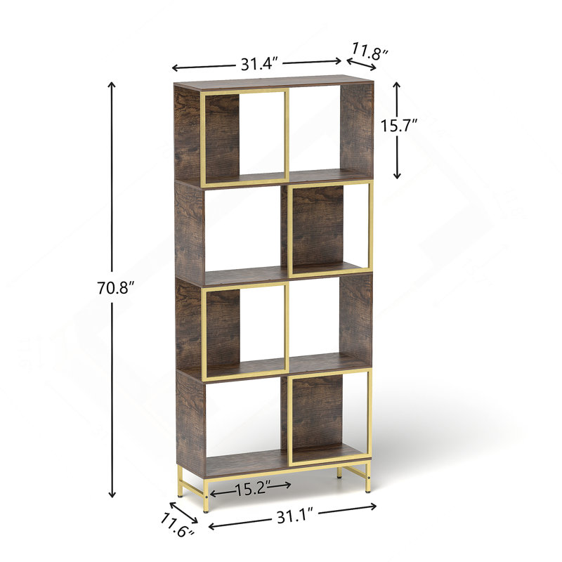 4-Tier Industrial Bookcase, Rustic Wood And Metal Frame, Asymmetrical Shelf, Brown/Gold