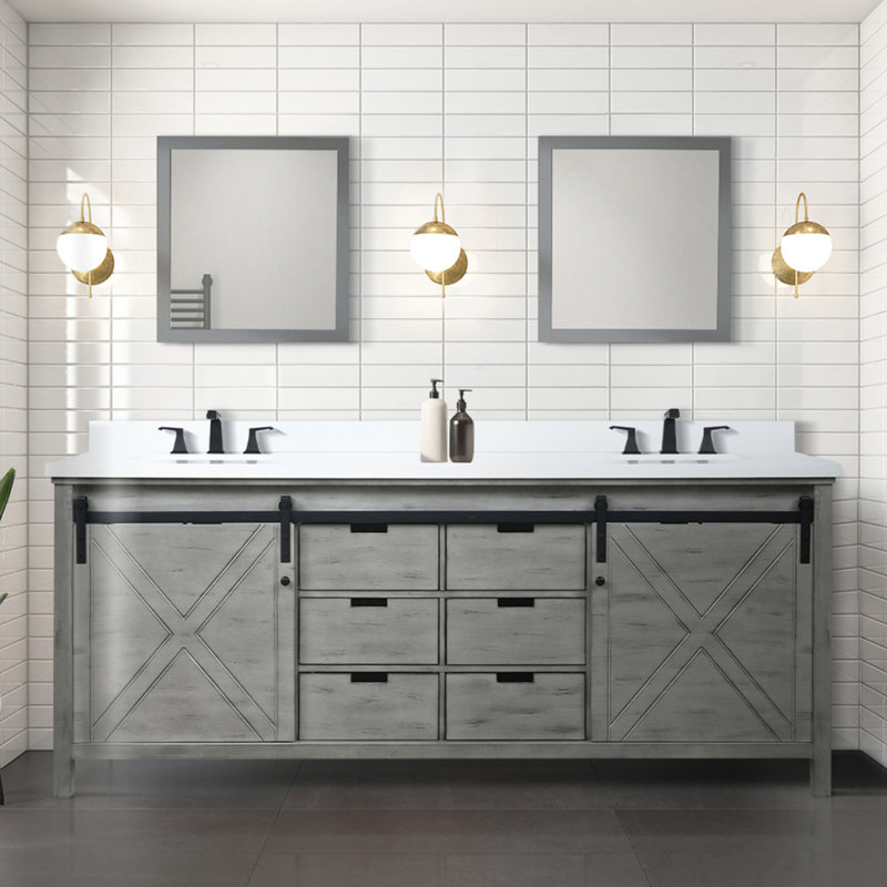 Meuble-lavabo double gris cendre 84 po X P 22 po D, avec comptoir en quartz blanc, Bois de frêne gris