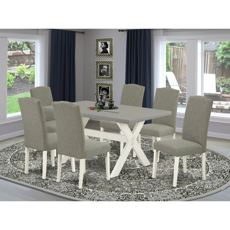 Ensemble de salle à manger 5 pièces comprenant une table de cuisine rectangulaire à pattes en X et 4 chaises de salle à manger Parsons en lin Shitake foncé, 91 x 152 cm, multicolore