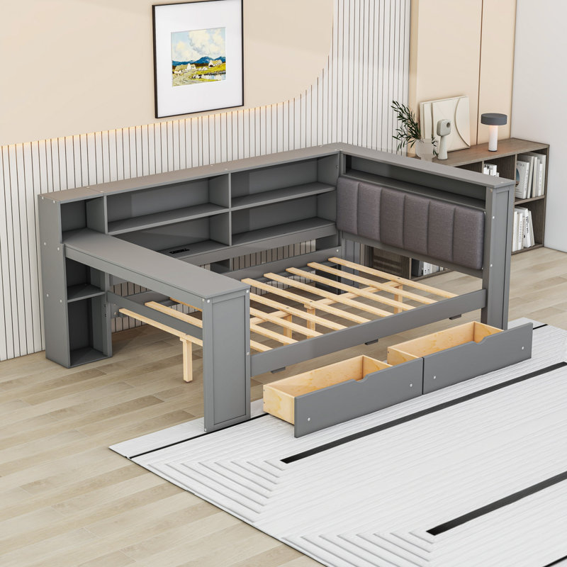 Daybed with LED Lighting, Built-in Storage Drawer, Shelves,Desk, and Charging Station, Gray, Full/Double