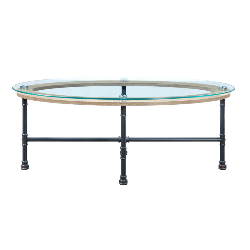 Industrial Oval Glass Top Coffee Table with Metal Frame