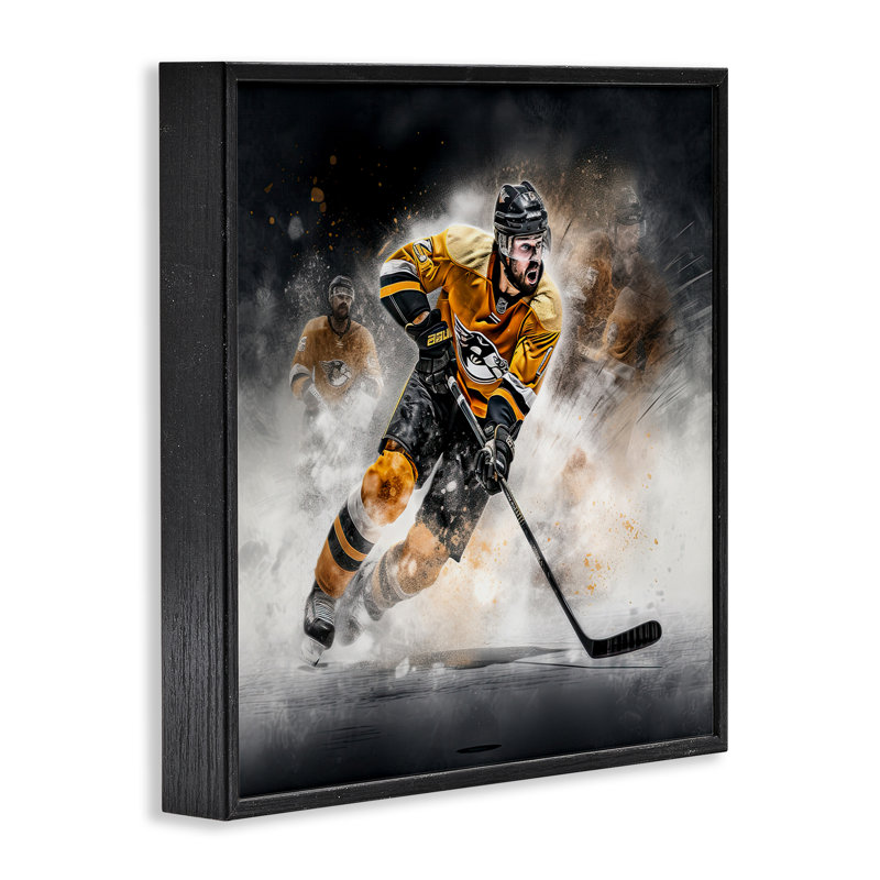 Joueur de hockey, estampe numérique par Jim Baldwin, H 12 po x l 12 po, Giclée encadrée noir minuit