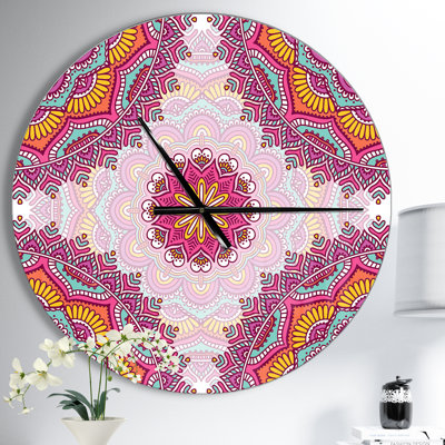 Ethnical Pink Floral Mandala - Modern wall clock