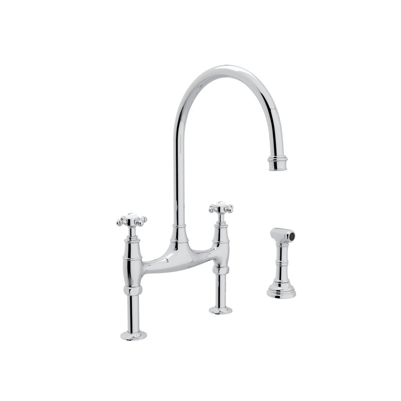 Robinet de cuisine Georgian Era Bridge avec douchette latérale, Chrome poli