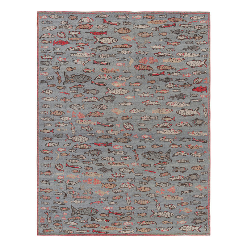 Rug & Kilim's Mid-Century Rug In Blue With Colorful Fish Pictorials, Rectangle 9' x 12'