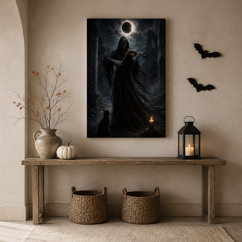 Skeleton Violinist in Moonlit Stone Ruins Halloween Canvas Wall Art, 18"H x 12"W