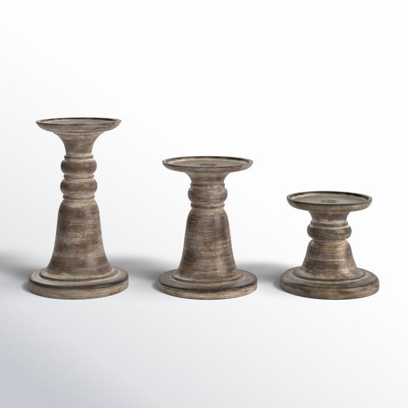 Rustic Brown and White Stone Resin Tabletop Candlestick Set