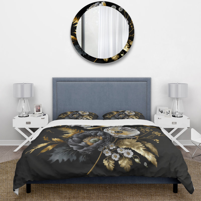 Golden Gothic Floral Bouquet II - Ensemble de housse de couette floral - Polyester microfibre