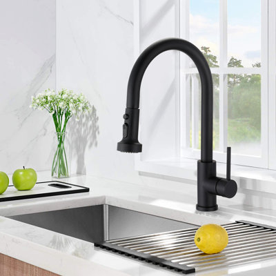 Stainless Steel Kitchen Faucet With Pull Down Matte Black - Rust , Scratch Proof, 360 Swivel Spout, Spray Head Adjustable Water Output Efficient Flow Control