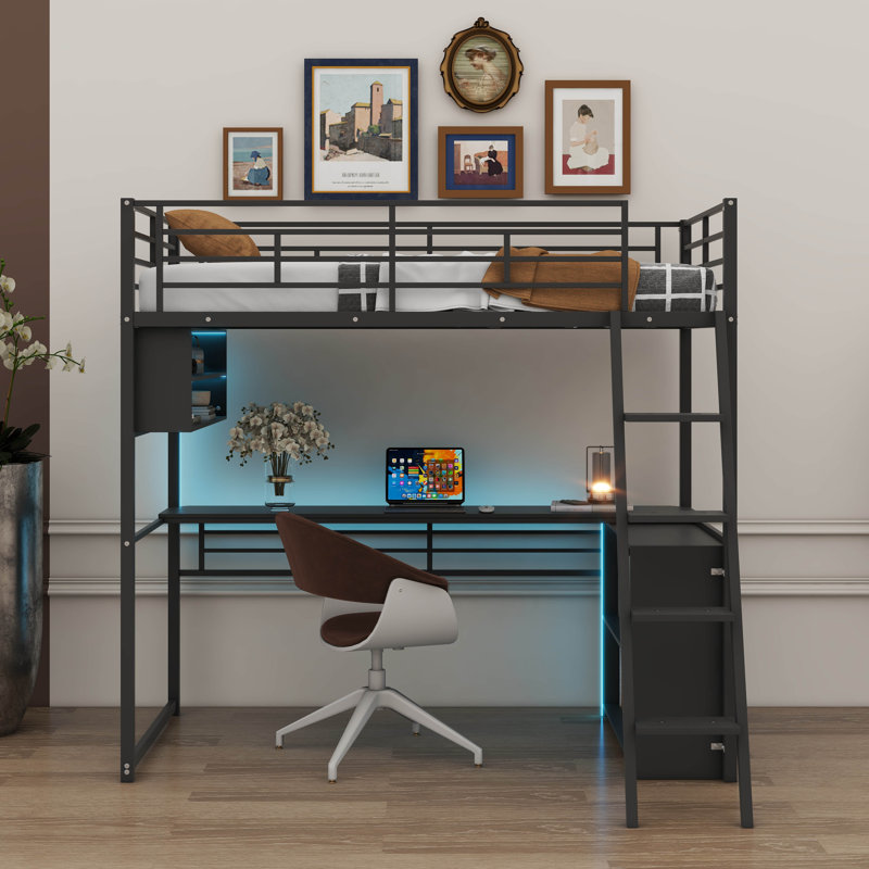 Modern Metal Loft Bed With Integrated LED Lighting, Study Table, And Quad Storage Shelves, Twin