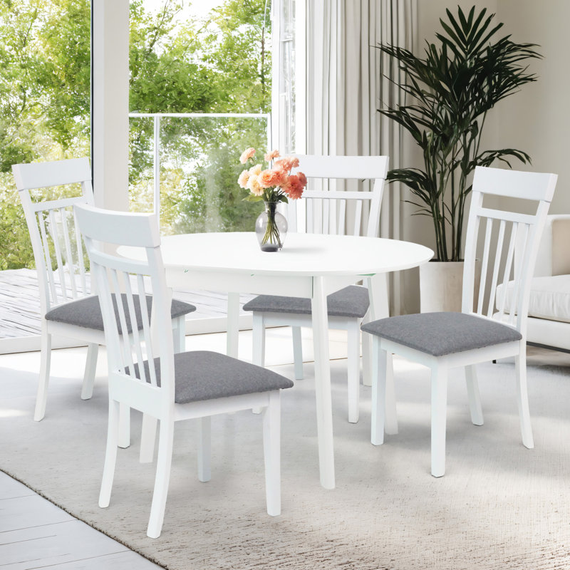Ensemble de table de salle à manger pour 4 personnes, chaises chaudes en bois massif de style classique avec table ronde extensible, ensemble de salle de cuisine, couleur blanche avec tissu gris