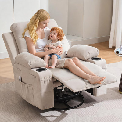 Fauteuil inclinable pivotant à 360° surdimensionné pour adultes, inclinaison manuelle à 155°, 8 modes de massage et chauffage lombaire, capacité de 181 kg avec porte-gobelets et poches latérales