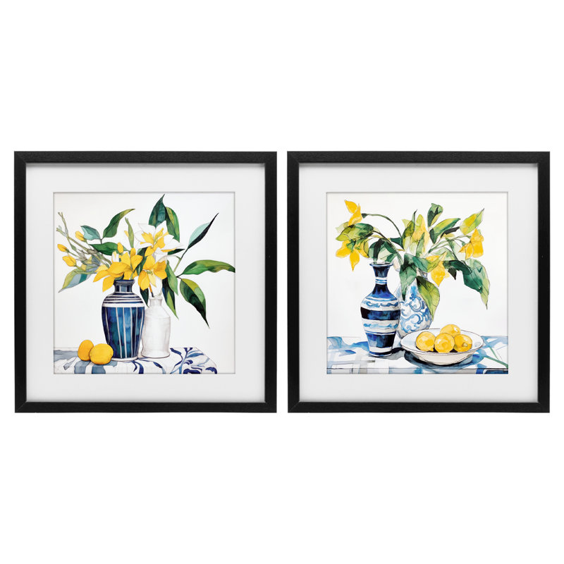 Ensemble de 2 impressions encadrées sous verre Lemon Blooms, par Ray Powers, H 16 po x l 16 po, Cadre noir minuit