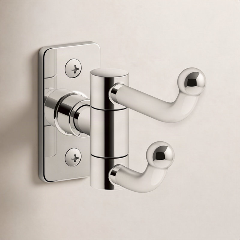 Double robe hook in polished chrome with a wall-mounted plate and two curved hooks