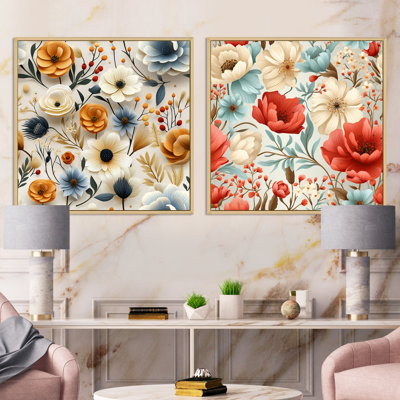 Gold And White Vintage Poppy Dreams - Floral Square Collage Set Of 2