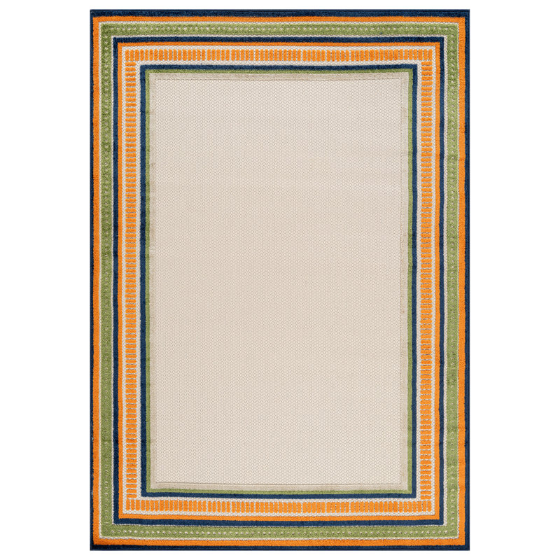 Coastal Border Ivory/Multi Indoor/Outdoor High-Low Area Rug, Multi, Rectangle 6'7" x 9'