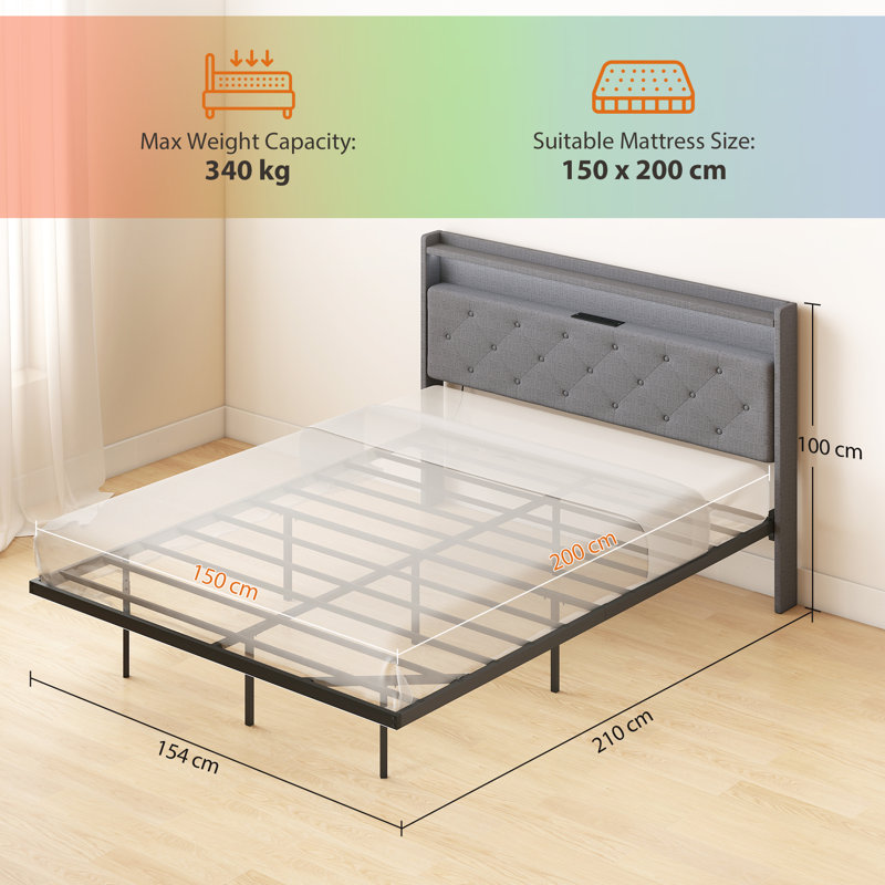 HOMCOM Bed Frame Floating Bed Frame with RGB LED Lights Grey, Kingsize (5')