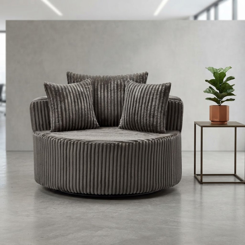 Oversized Round Swivel Accent Chair with Plush Upholstery & Matching Throw Pillows, Brun