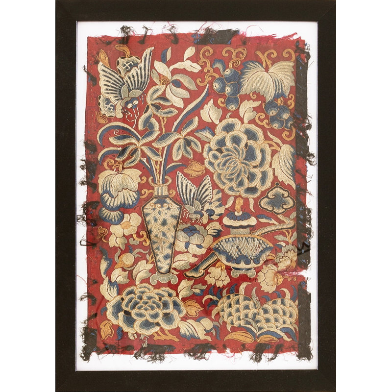 Antique Floral Chinese Small Size Wool & Silk Coral Color Framed Textile