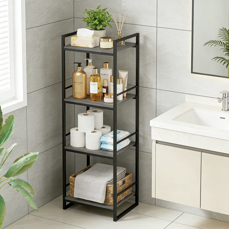4-Tier Freestanding Storage Shelf Unit With Metal Frame And Wood-Look Shelves For Bathroom, Kitchen, And Living Room Organization