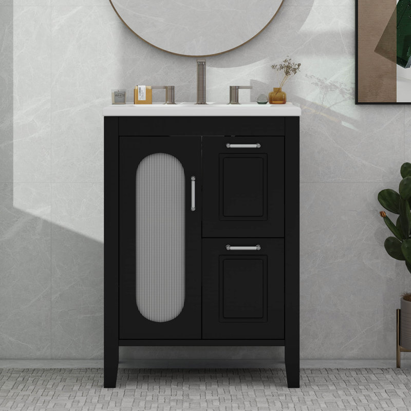 Meuble-lavabo 24 po avec lavabo, deux tiroirs et porte, tablette réglable, Noir