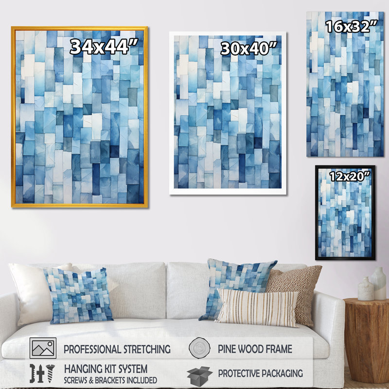 Carreaux scandinaves blancs et bleus VI - art mural abstrait, Toile tendue, H 32 po x l 16 po x P 1 po