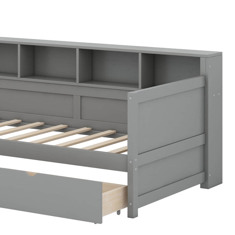 Day Bed For 2, L- Shape Bed Frame With Storage 3 Drawers, Wooden Corner Beds With Bookshelf, Corner Bed Frame, Gray