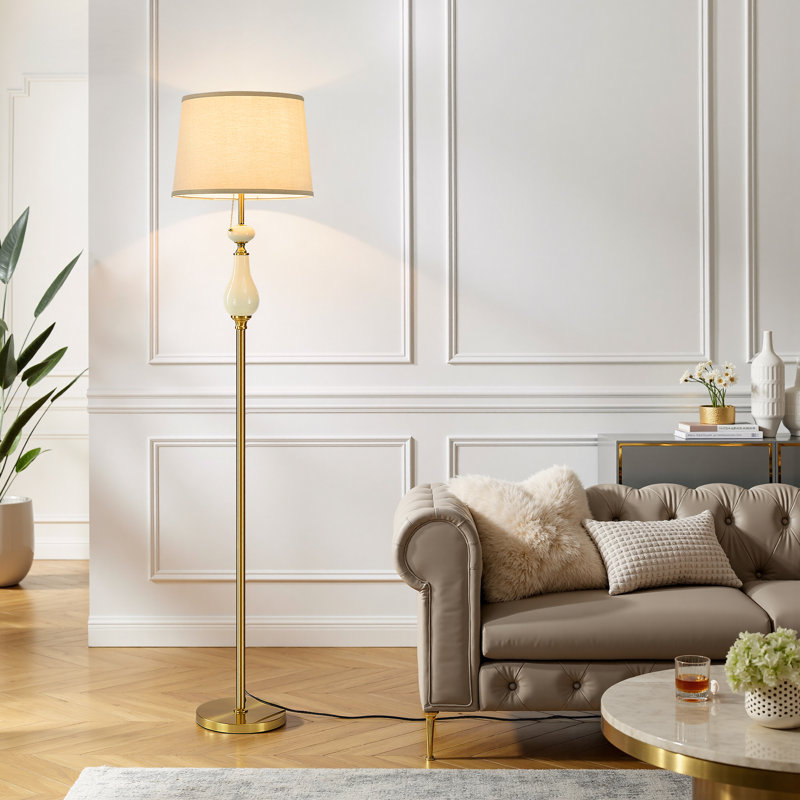 67.4" Traditional Floor Lamp with Ceramic Decorative Accents – Metal Body, Drum Shade, Foot Switch