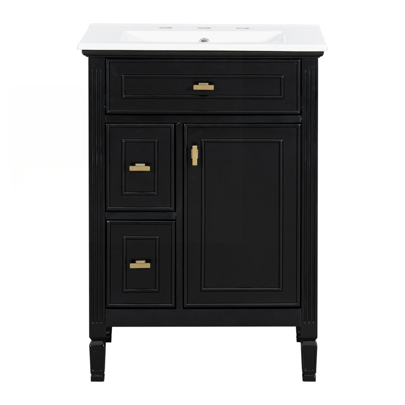 Meuble-lavabo autoportant de 24 pouces avec lavabo, armoire en bois massif et panneau de fibres à densité moyenne, tiroir rabattable et tablette réglable pour un rangement efficace