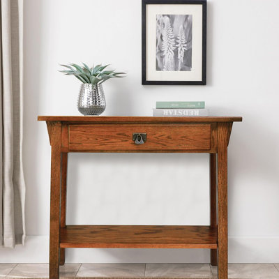  Console Mission, bois massif, 1 tiroir de rangement, tablette de présentation inférieure, profondeur étroite, facile à assembler, pour le salon / couloir, Russet.