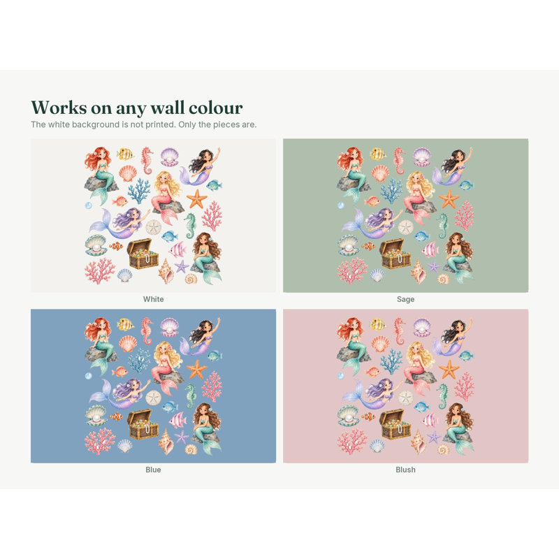 Mermaid Wall Decals, Set of 27 Peel and Stick Nursery Wall Stickers, Satin Finish Removable Kids Room Wall Art, 20"W x 20"H (50 x 50 cm)