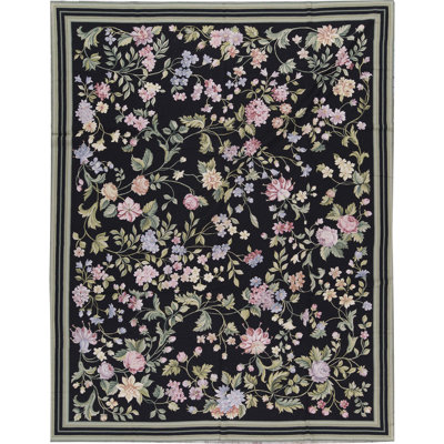 Tapis noir et vert clair de haute qualité noué à la main